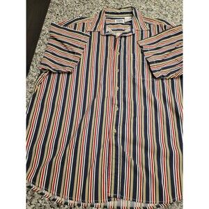 Basic Editions Shirt Mens XL Striped Short Sleeve Button Up Casual Navy Tan Red
